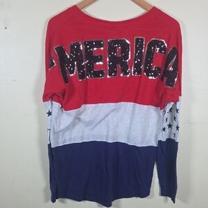 Victoria's Secret Pink 'Merica Sequin Bling Red Gray Blue Varsity Crew Tee Med